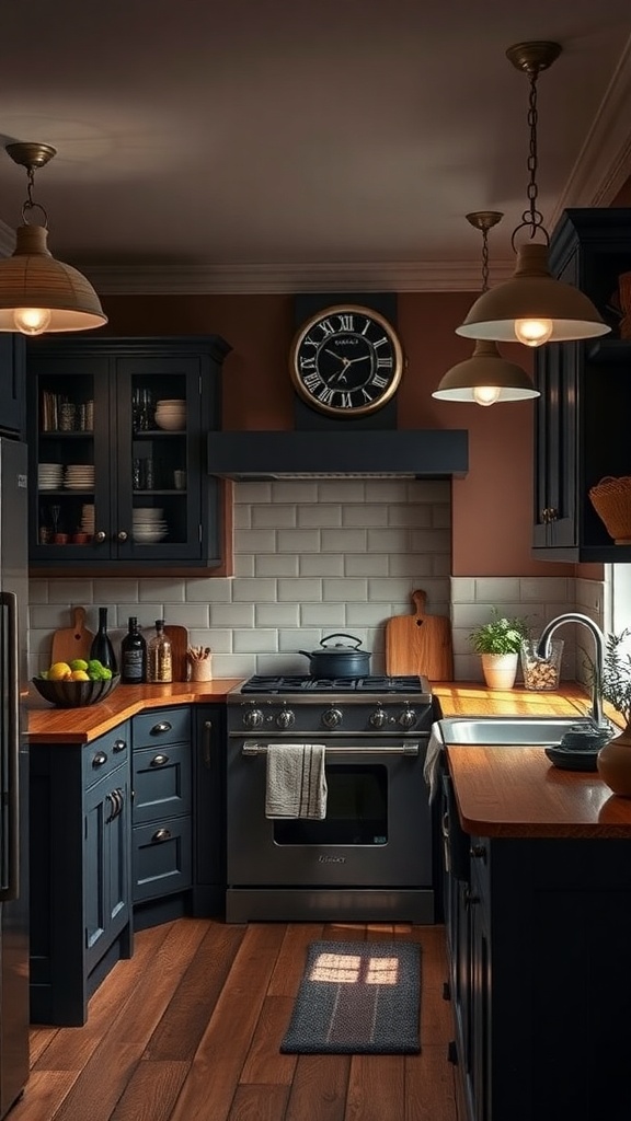 A moody kitchen with dramatic lighting, featuring dark cabinets and warm pendant lights.