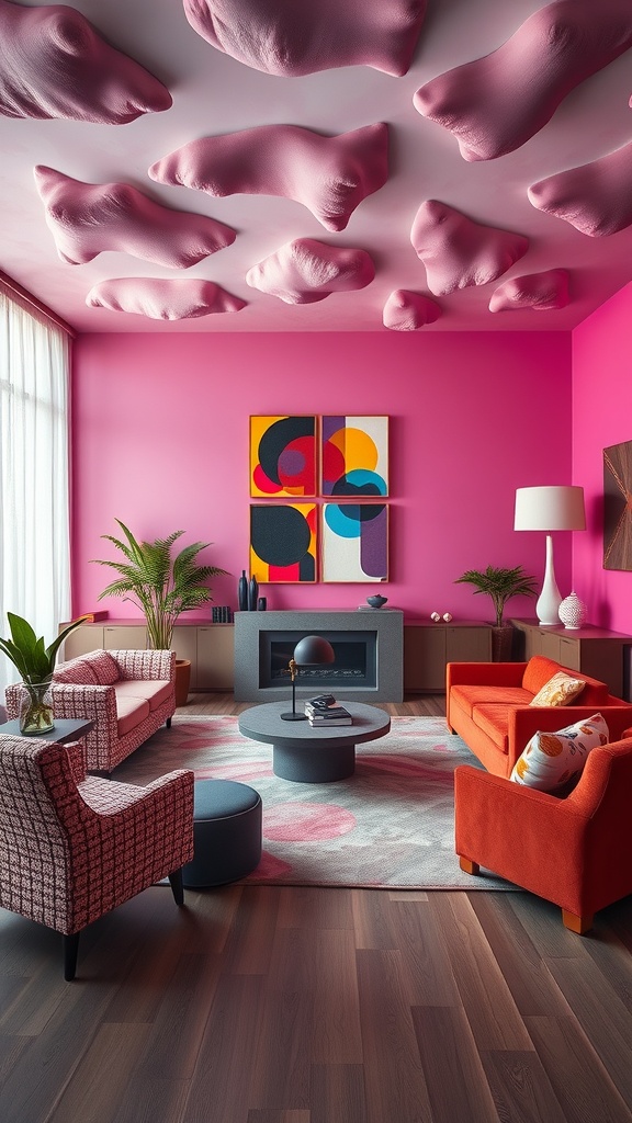 A modern living room featuring vibrant pink walls, unique ceiling designs, and colorful furniture.