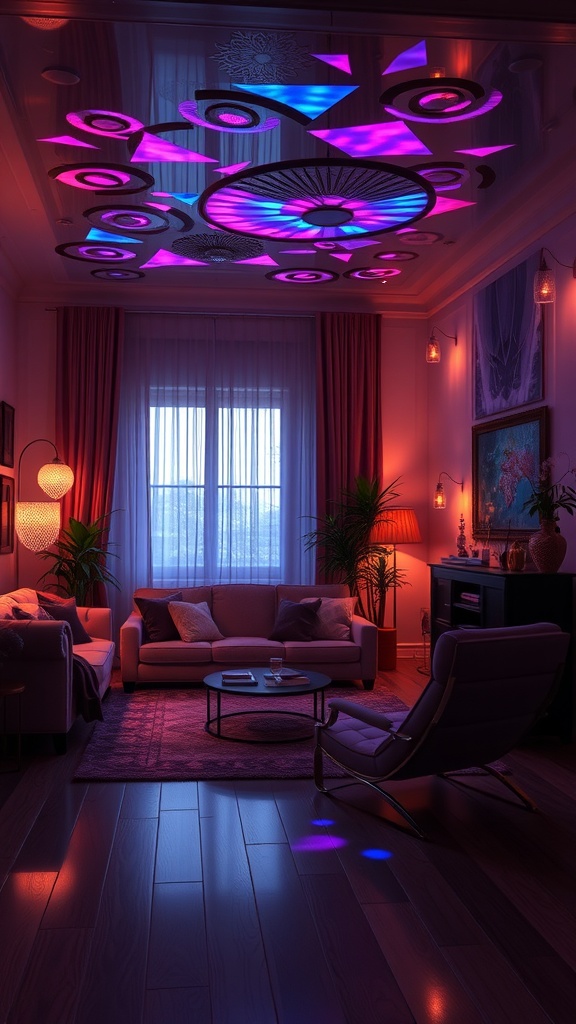 A modern living room with colorful dreamscape lighting fixtures on the ceiling.