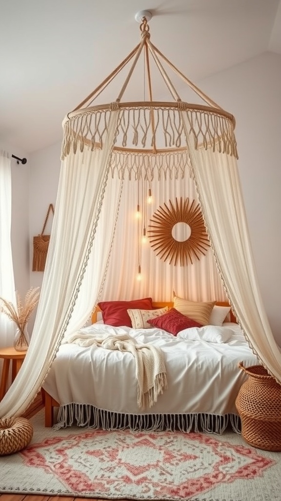 A cozy bedroom featuring a macrame canopy over the bed, with warm lighting and earthy decor.