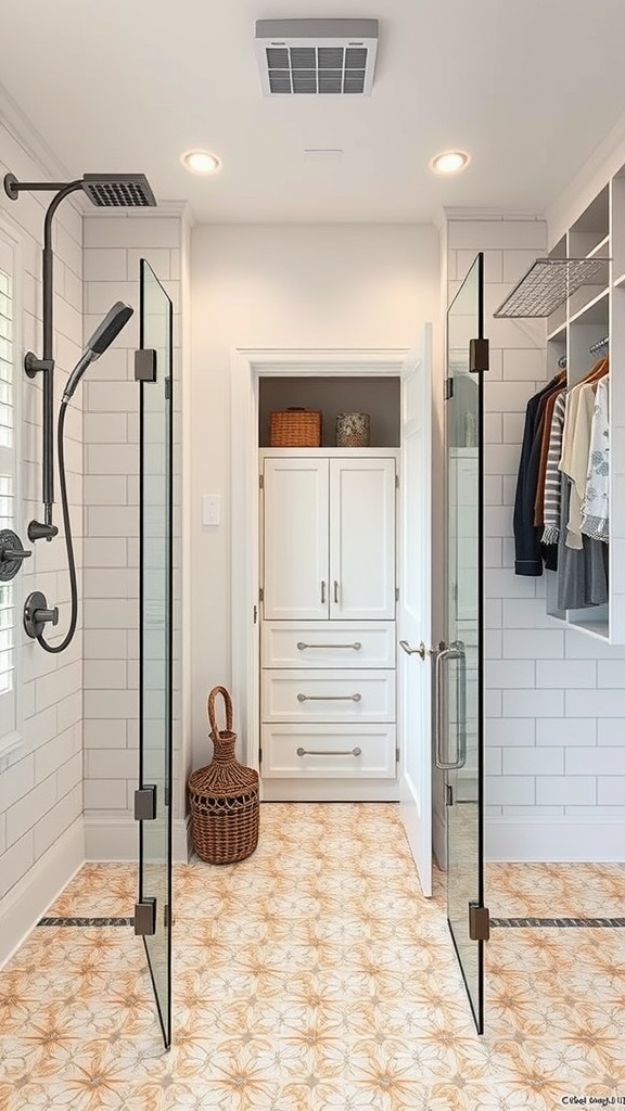 A modern dual shower design featuring two glass shower doors and stylish fixtures.
