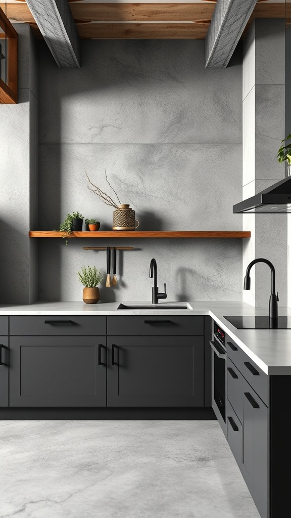 A modern kitchen featuring durable concrete countertops with dark cabinets and wooden accents.