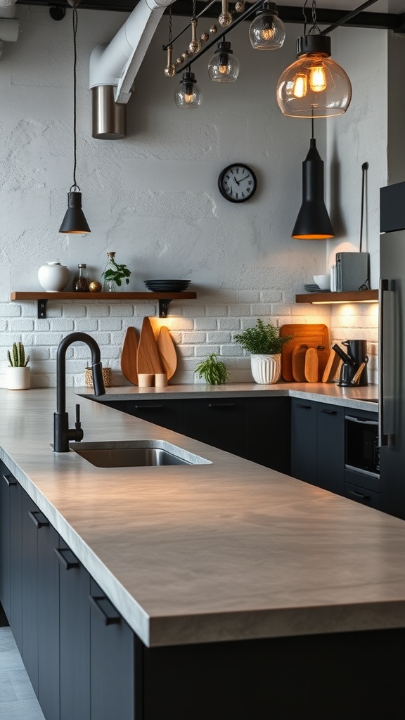A modern kitchen featuring a sleek concrete countertop with black cabinetry and stylish lighting.