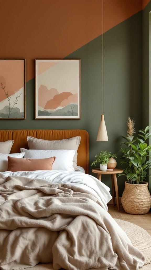 A cozy bedroom featuring earthy tones with a terracotta wall, neutral bedding, and wooden furniture.