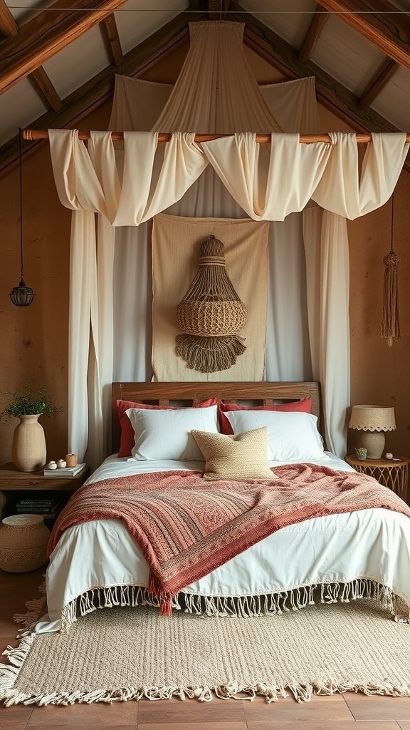 A cozy boho chic bedroom featuring earthy tones and various textures.