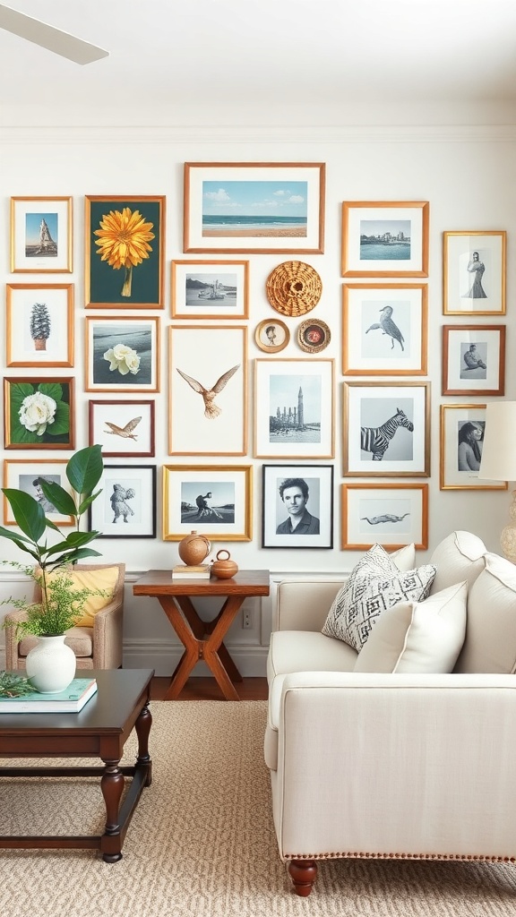 A cozy living room featuring a gallery wall with various framed artworks and photographs.