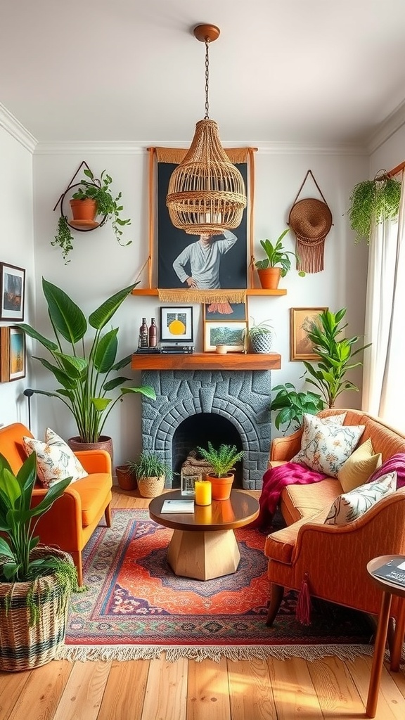A cozy living room featuring eclectic bohemian decor with colorful textiles and plants.