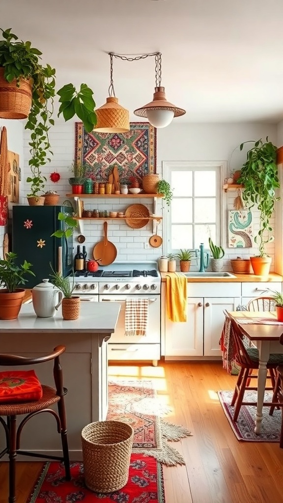 A cozy kitchen with plants, colorful textiles, and vintage decor.