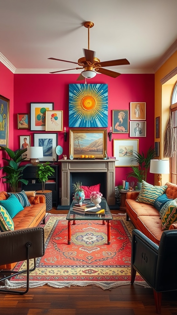 A colorful eclectic living room with pink walls, orange sofas, and vibrant artwork.