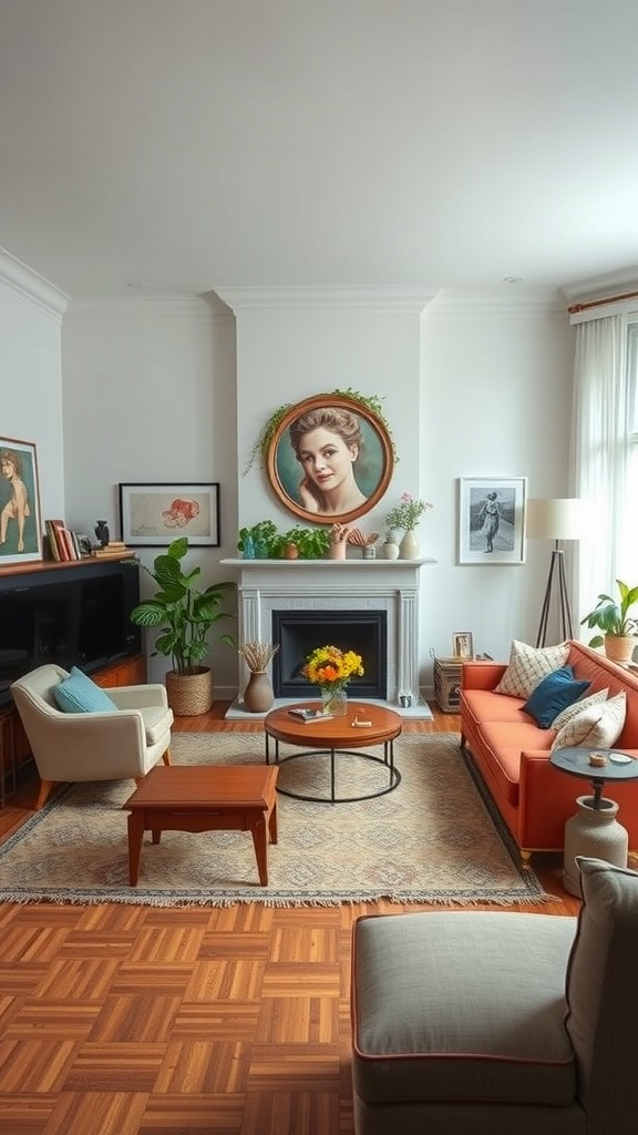 A modern living room featuring eclectic furniture arrangements with a cozy sofa, coffee table, and art on the walls.