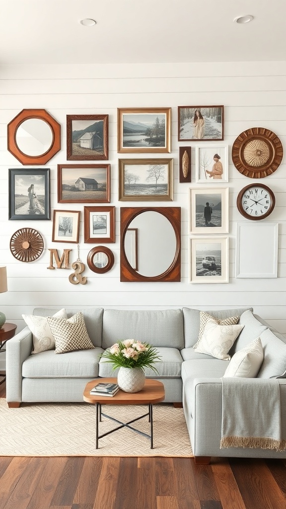 A cozy living room with an eclectic gallery wall featuring various framed pictures and a mirror.