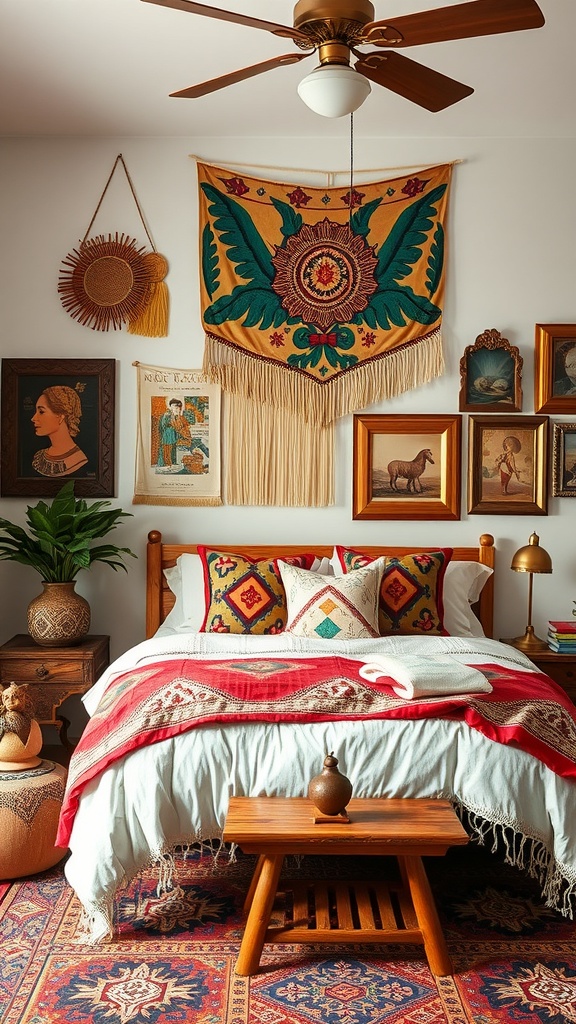 A cozy eclectic bedroom with global influences, featuring colorful textiles and cultural art.