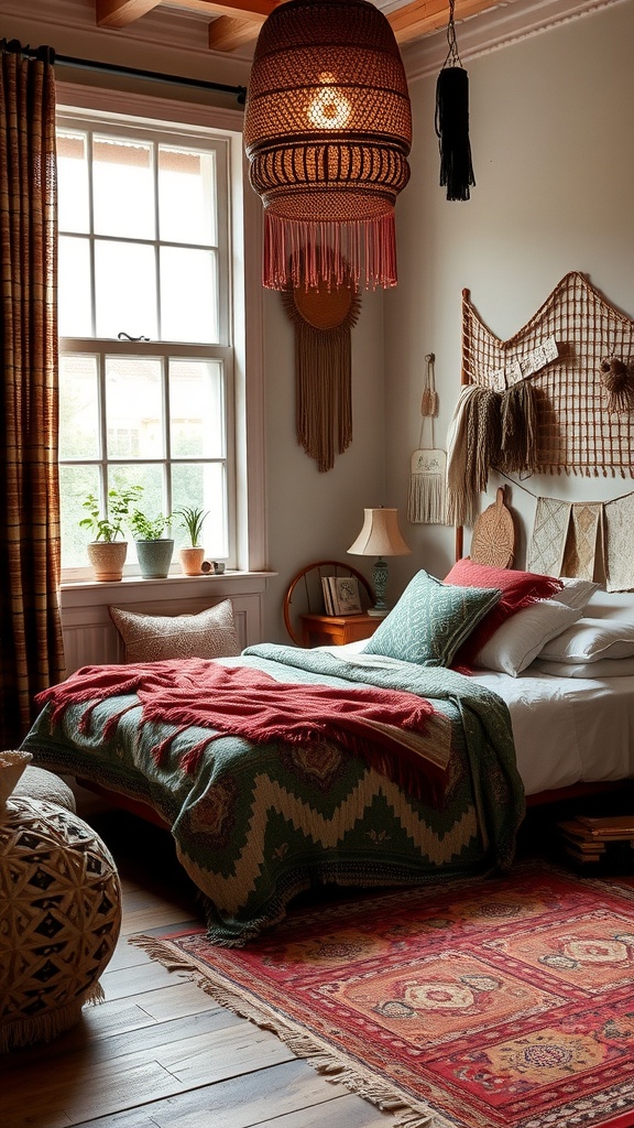 A cozy boho chic bedroom featuring a mix of patterns with a colorful blanket, decorative pillows, and a warm rug.