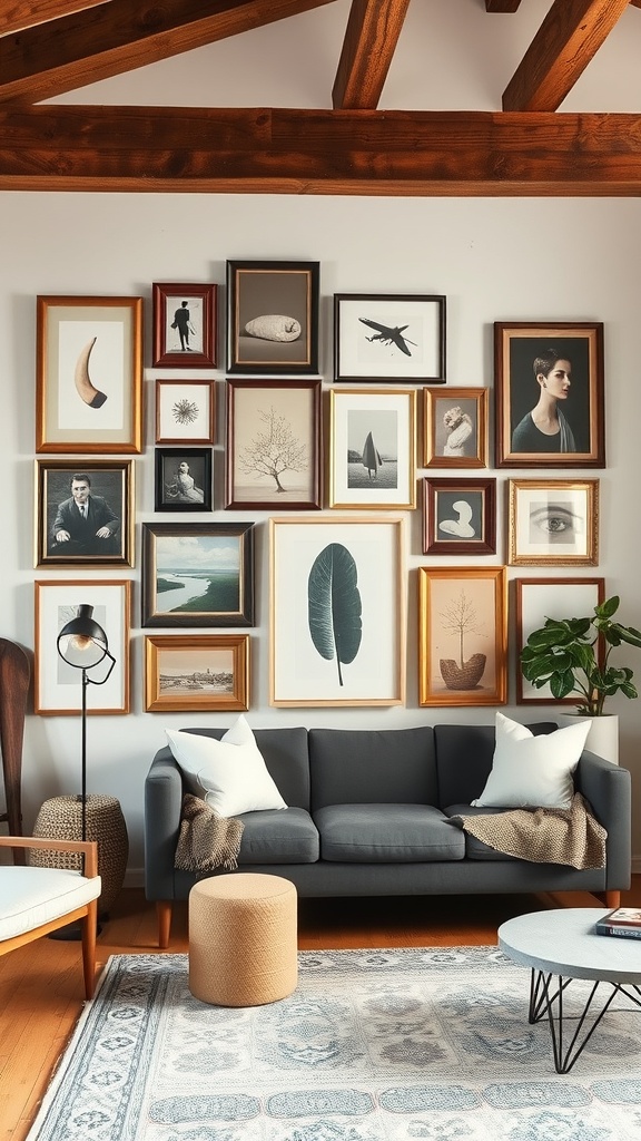A cozy living room with a rustic gallery wall featuring various framed artworks.