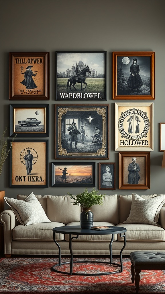 A cozy living room featuring a variety of eclectic wall art combinations.