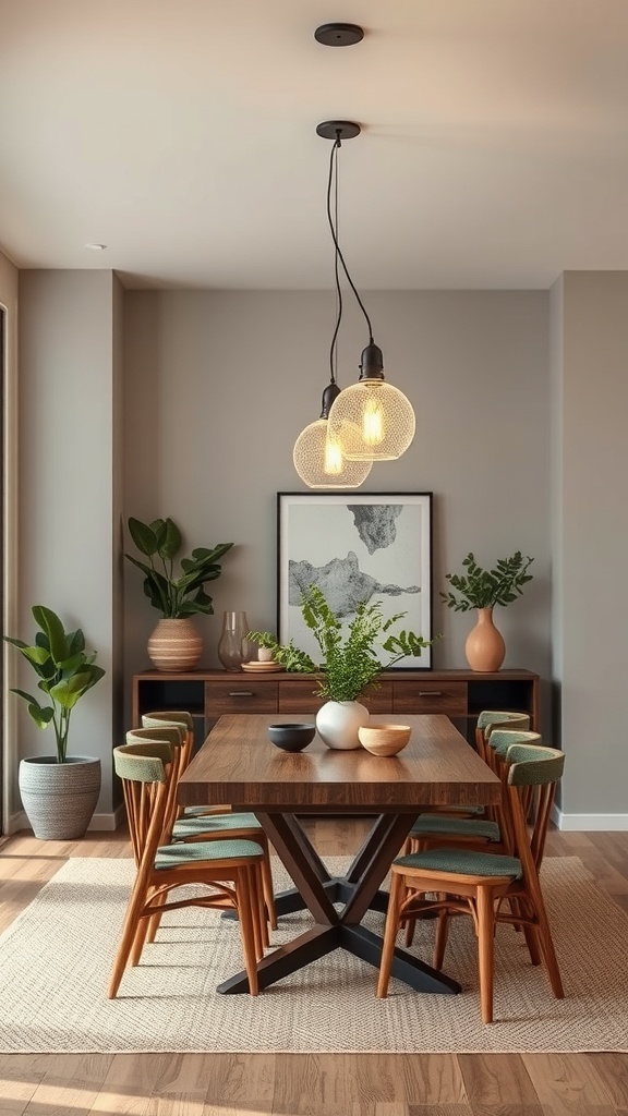 A modern dining area featuring eco-friendly lighting with pendant bulbs and a wooden table surrounded by green plants.