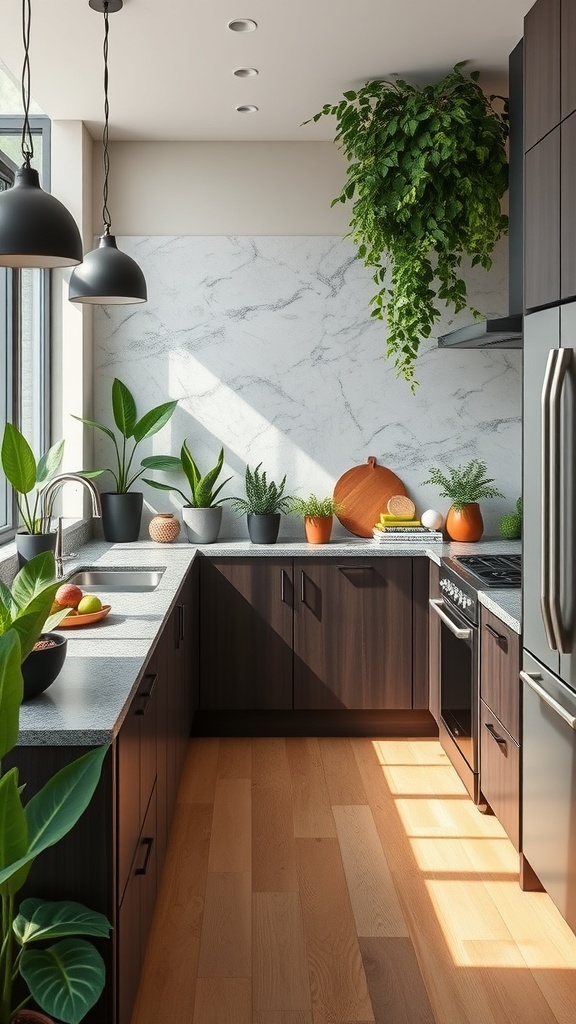 A modern kitchen with dark wood cabinets and recycled material countertops, featuring plants and natural light.