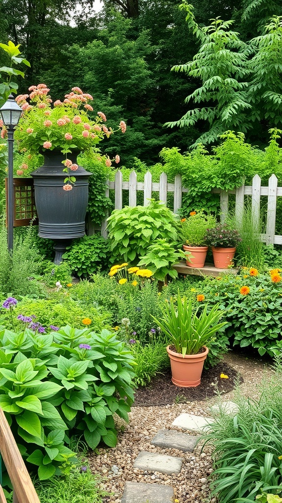 A lush farmhouse garden with various plants and flowers, showcasing edible landscaping.