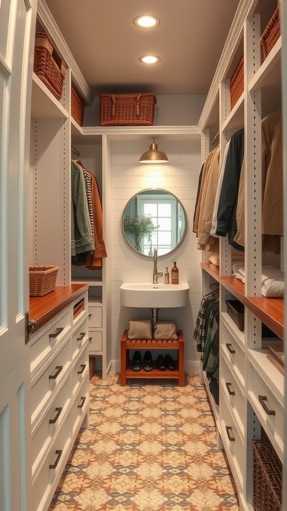 A well-organized walk-through closet with shelves, baskets, and a mirror.