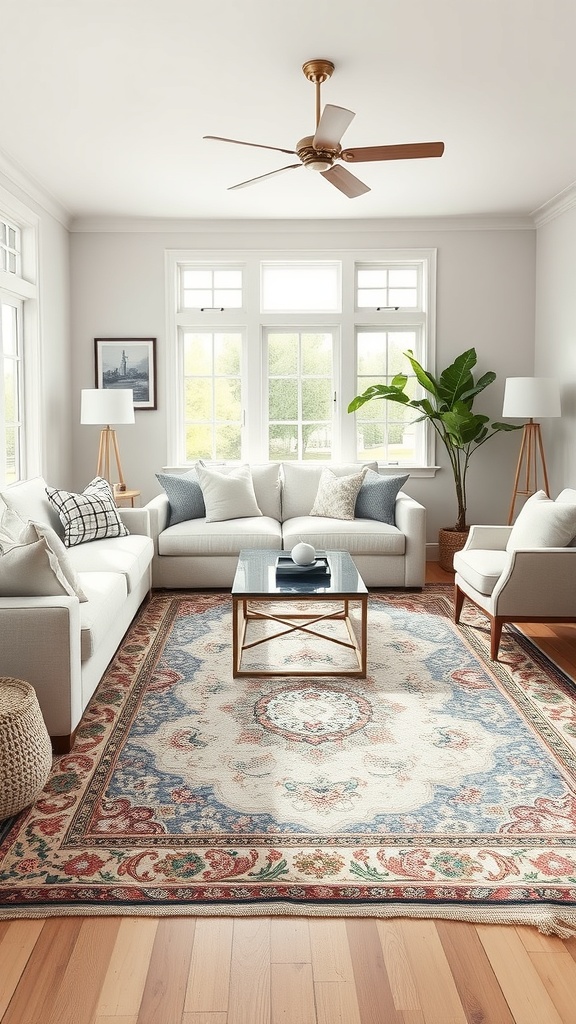 A cozy farmhouse living room featuring a stylish area rug, comfortable seating, and natural light.