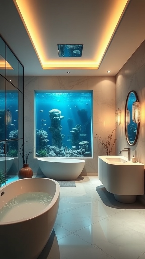 A modern bathroom featuring a large aquarium view, a freestanding bathtub, and stylish decor.