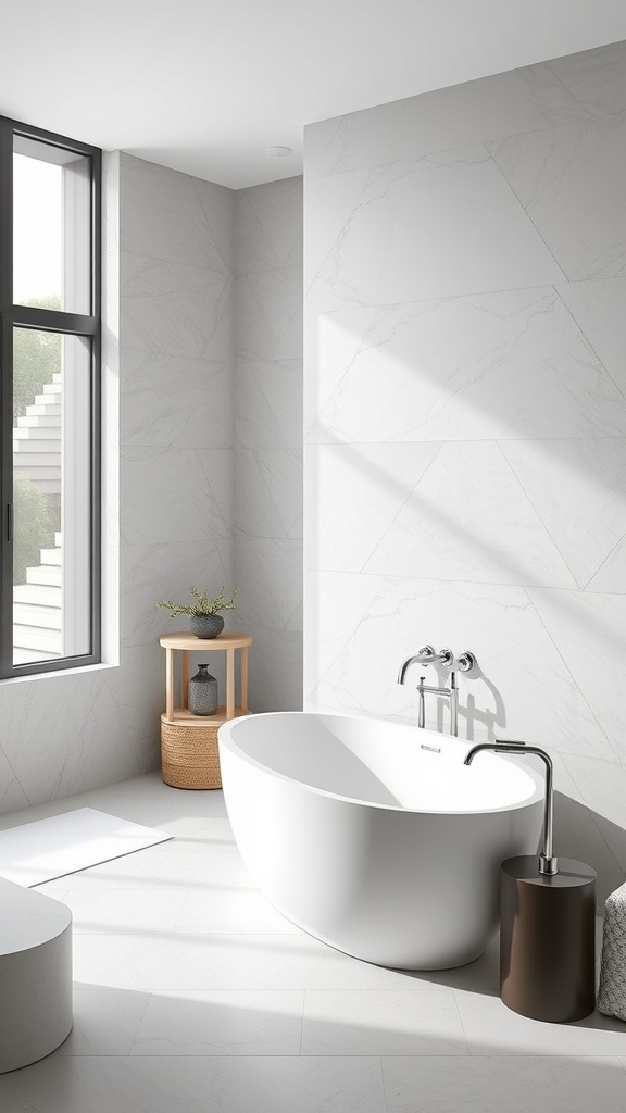 A modern minimalist bathroom featuring a sleek white bathtub, large windows, and neutral tones.