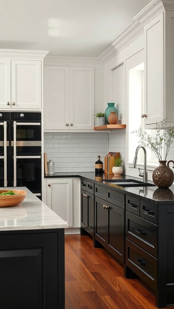 A modern kitchen featuring black cabinets, white walls, and wooden accents.