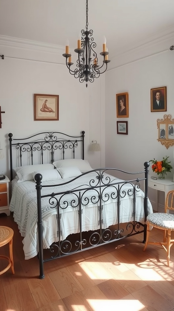 A cozy country bedroom featuring wooden beams, white linens, and vintage decor.
