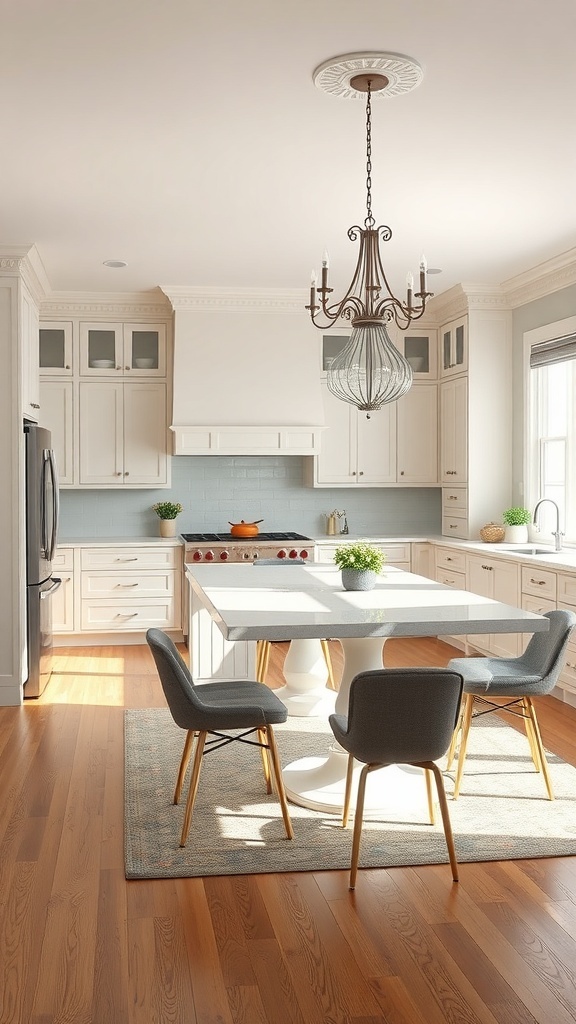 A bright kitchen with a round dining table, modern chairs, and a chandelier.