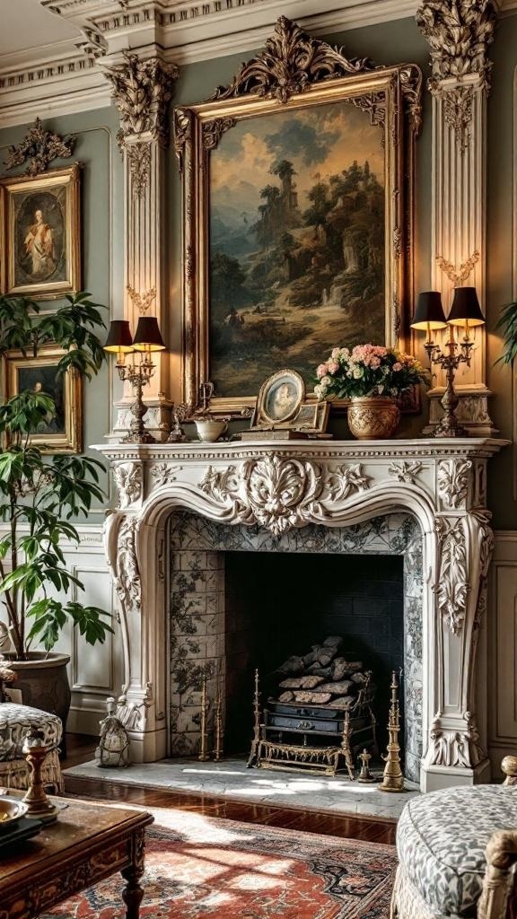 A beautifully designed Rococo fireplace surround with intricate details and a vintage mirror.