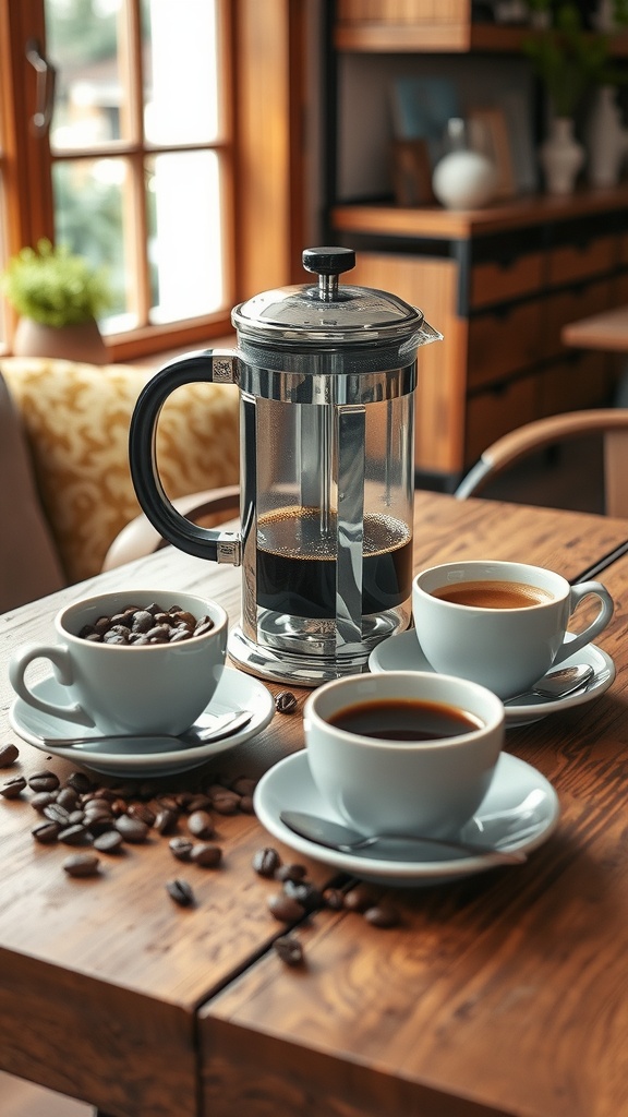A French press with two cups of coffee and coffee beans on a wooden table.