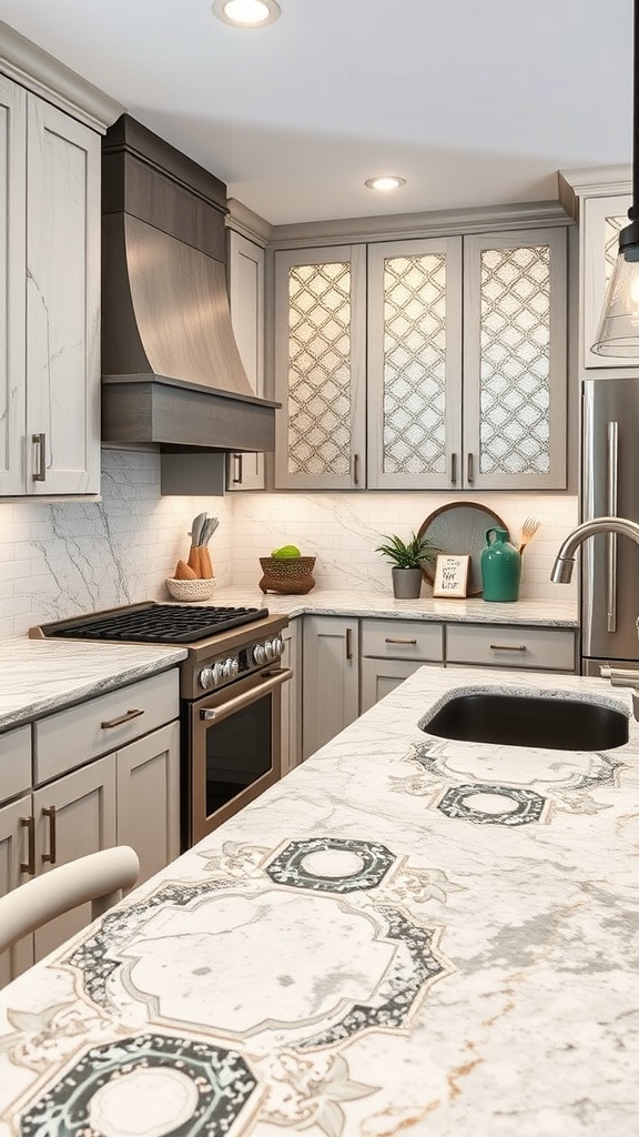 A modern kitchen featuring elegant granite countertops with intricate designs.