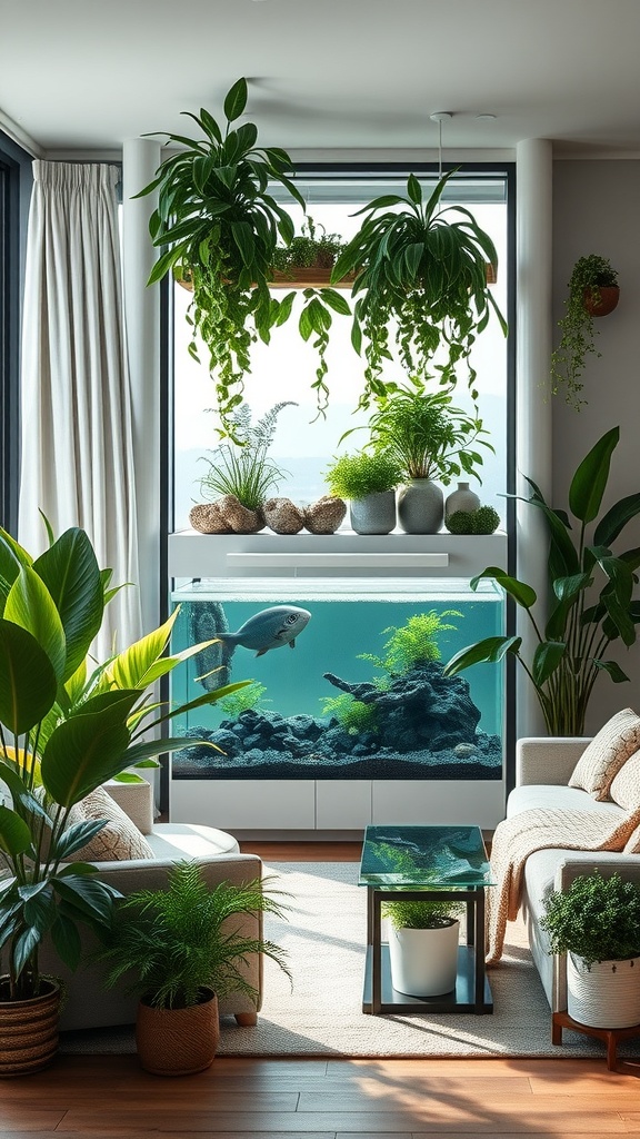 Indoor plants arrangement with greenery and cozy seating near a window.