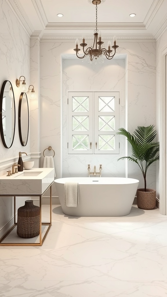 A luxurious bathroom featuring marble walls, a modern bathtub, and elegant decor.