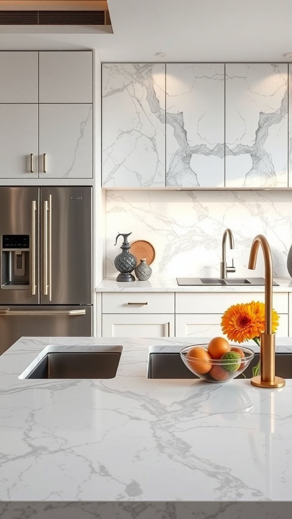A modern kitchen featuring elegant marble countertops with a bowl of fruit and a flower vase.