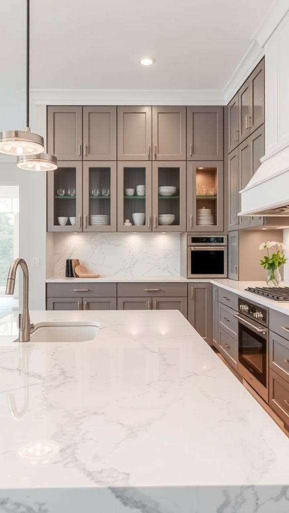 A modern kitchen featuring elegant marble countertops with gray cabinets and stylish lighting.