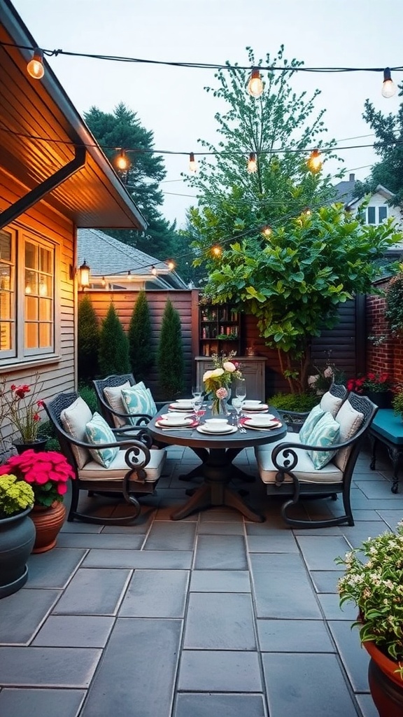 A beautiful outdoor patio dining area with a round table, comfortable chairs, and decorative plants.