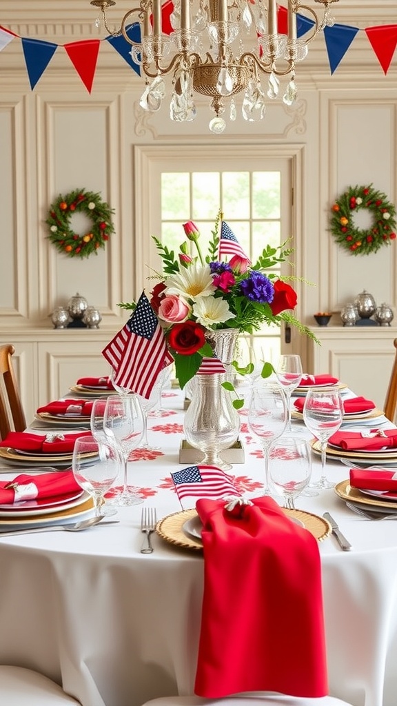 A beautifully set table for Fourth of July featuring red and white decor, floral arrangements, and small flags.