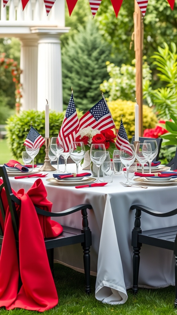 A beautifully set outdoor table with red, white, and blue decorations for Independence Day.
