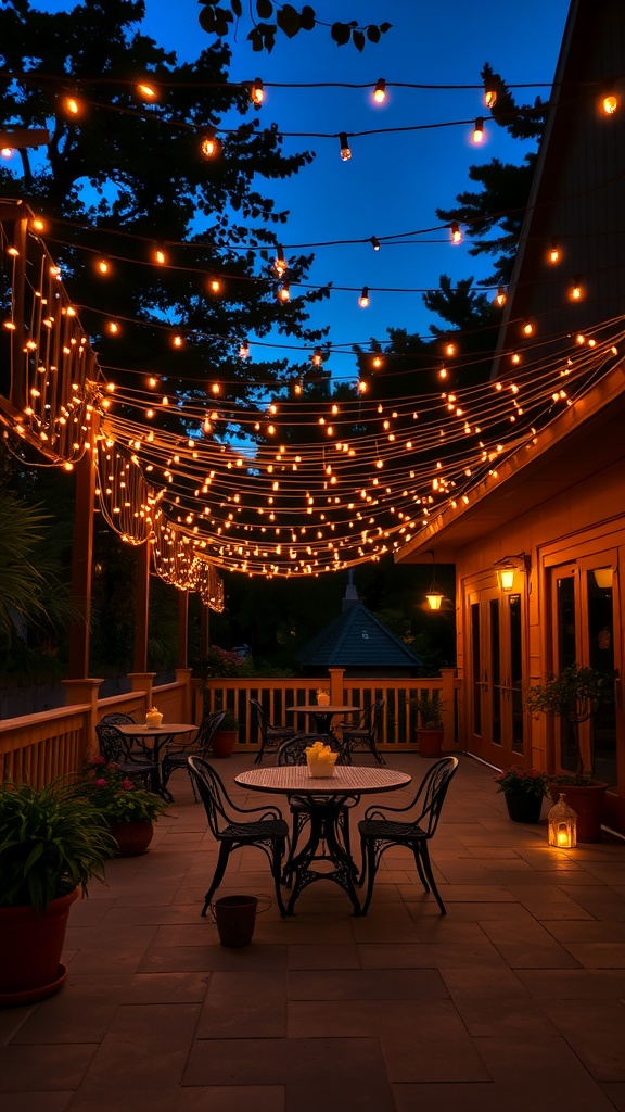 Backyard patio with string lights, cozy seating, and greenery