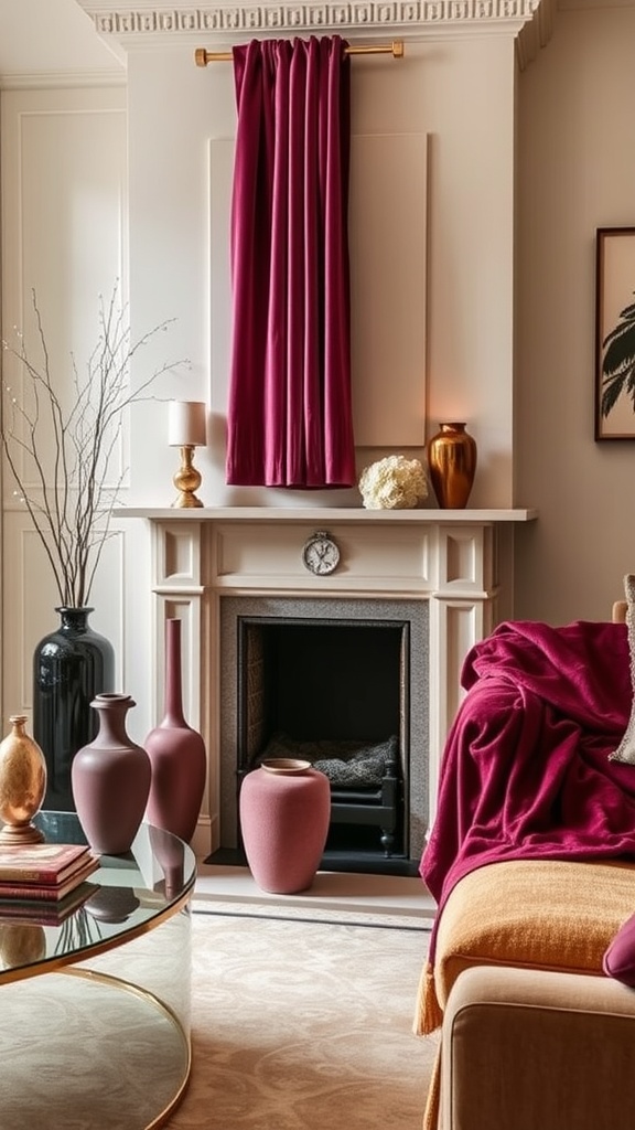 A cozy living room featuring velvet accents, including a red sofa and decorative pillows.