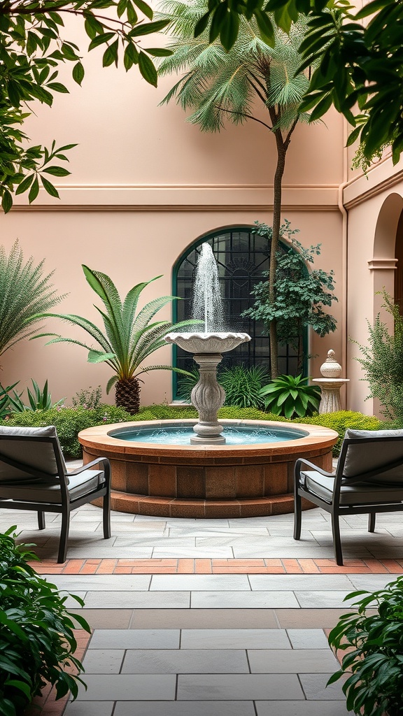 A serene courtyard with a central water fountain surrounded by lush greenery and seating.