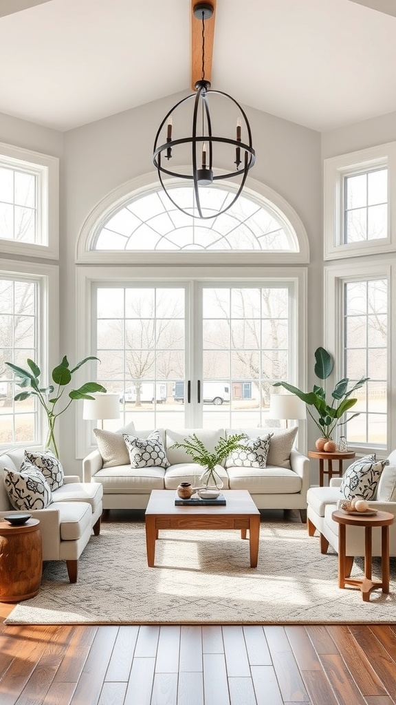 A contemporary farmhouse living room with large windows, soft furnishings, and stylish decor.