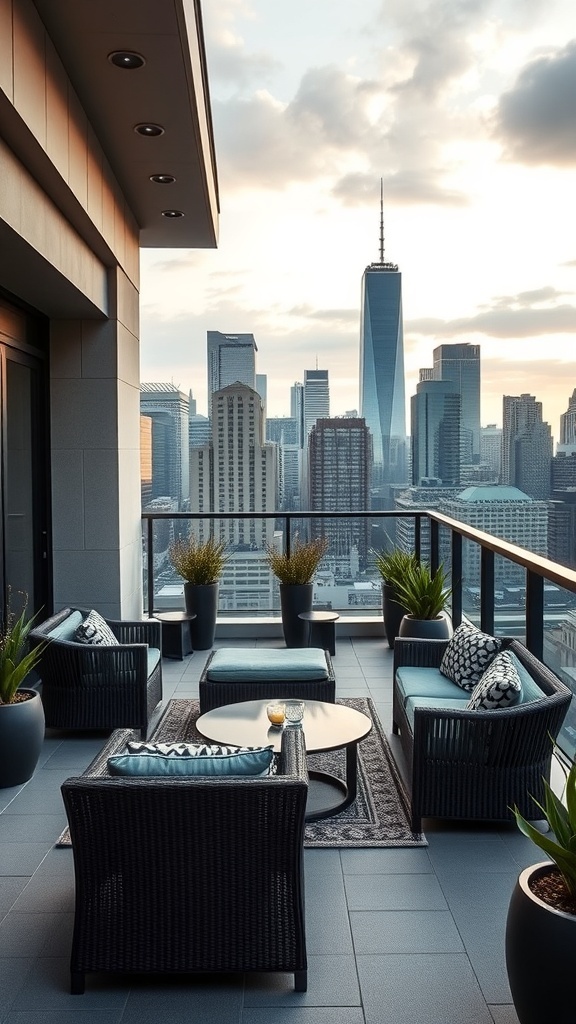Luxuriöse Dachterrasse mit eleganten Möbeln und Blick auf die Stadt und das Wasser.