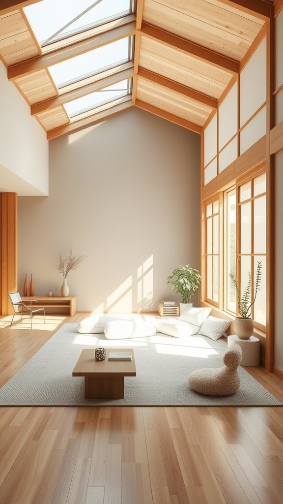 A bright and spacious interior featuring large windows, wooden beams, and minimalistic decor.