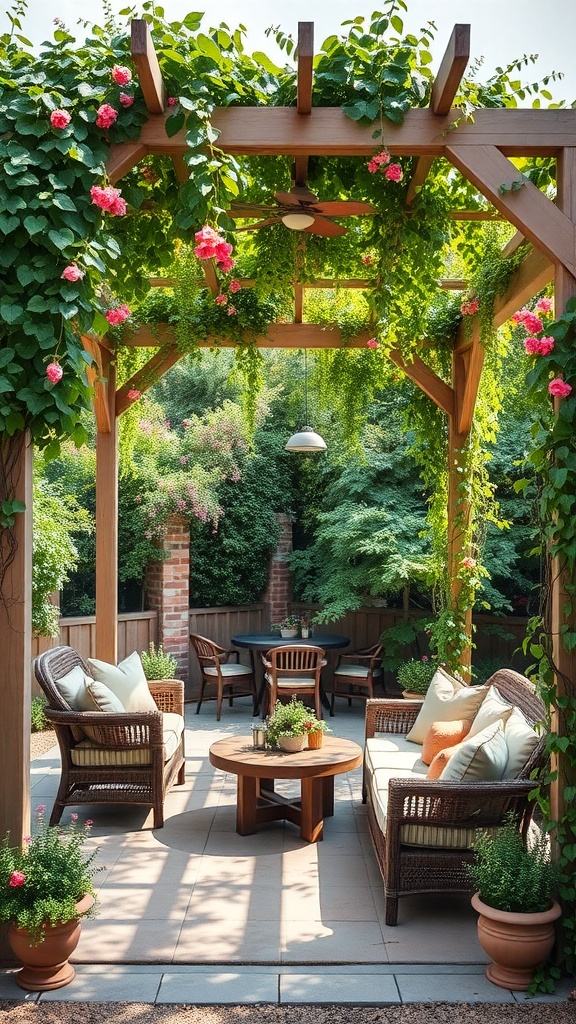 A cozy pergola with comfortable seating and vibrant flowers.
