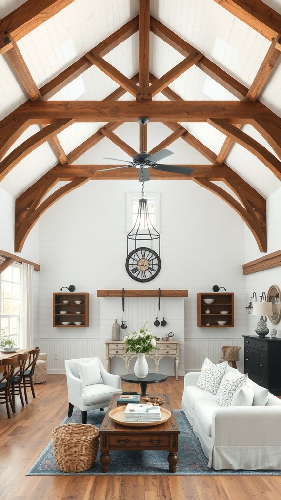A cozy farmhouse living area with exposed wooden beams and high ceilings.