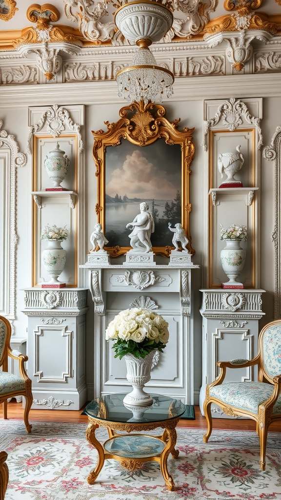 A beautifully decorated Rococo living room featuring ornate furniture, decorative vases, and a chandelier.