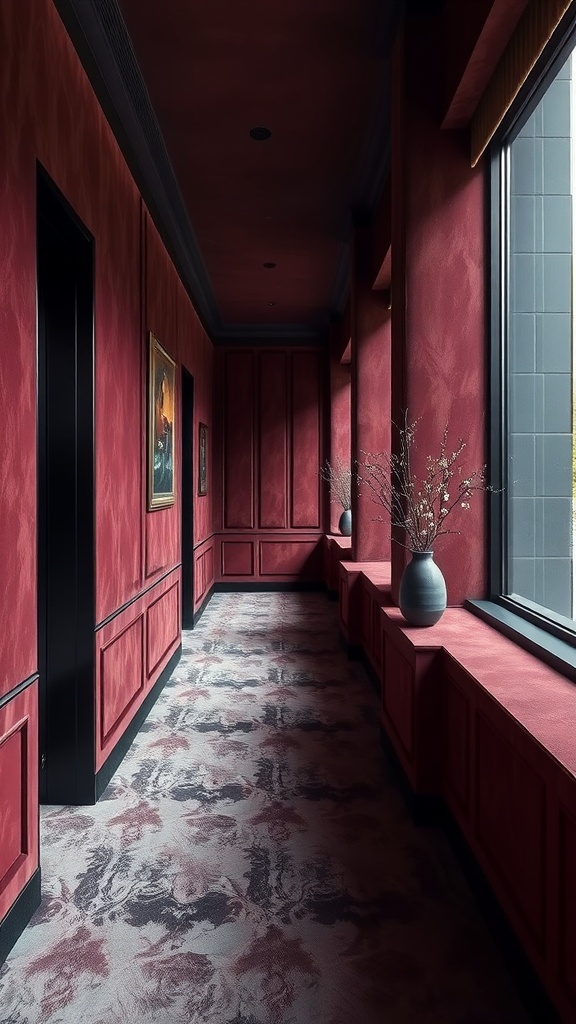 A hallway featuring elegant velvet wall panels with soft lighting.