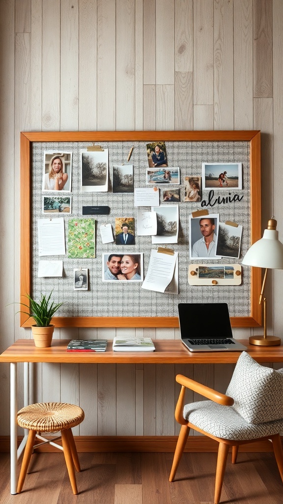 A stylish fabric-covered bulletin board with photos and notes pinned on it.